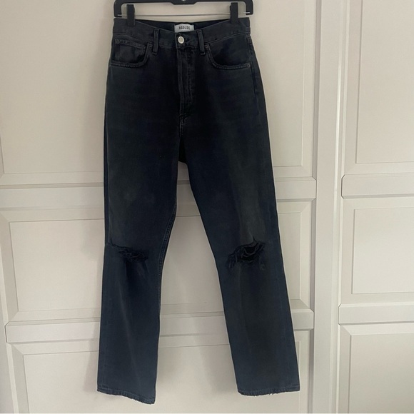 Agolde Black 90s Pinch Waist Destroyed Cotton Denim Straight Jeans 37672 - Picture 2 of 14